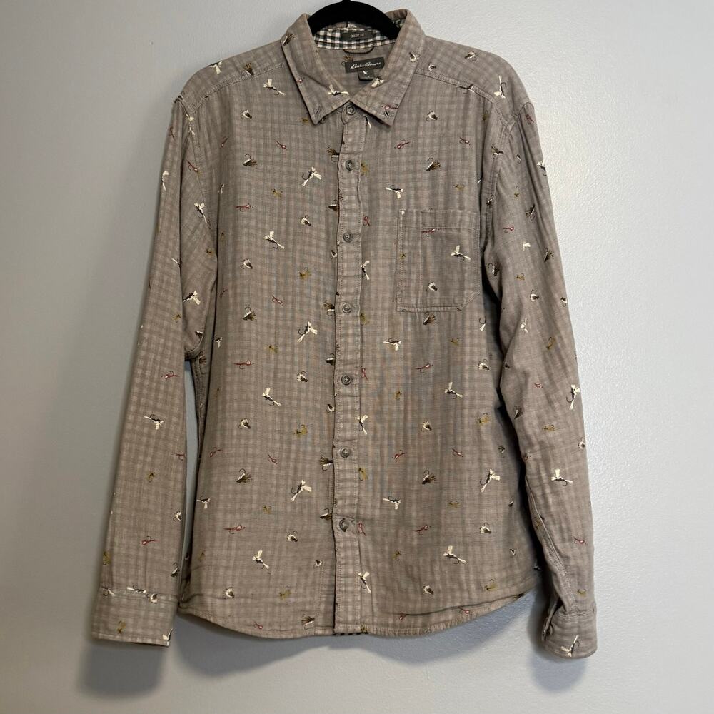 Eddie Bauer Gray Fishing Lure Cotton Button Down Shirt